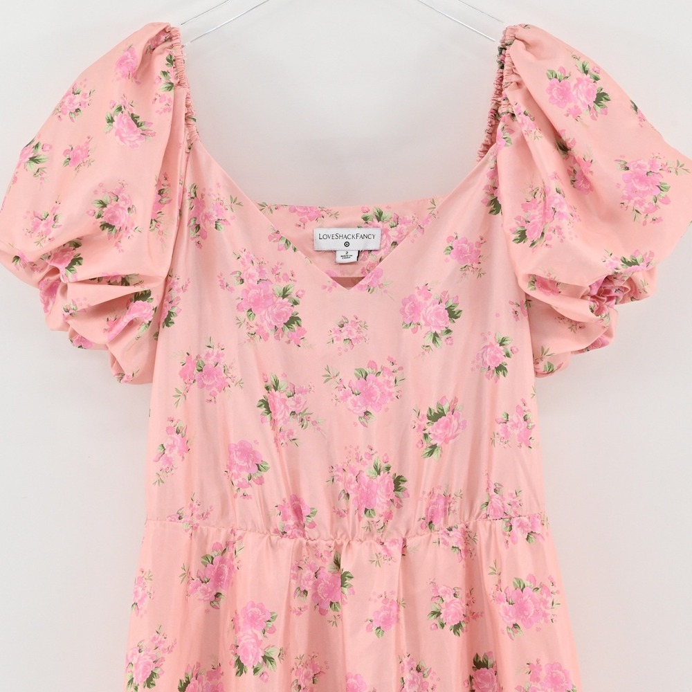 LoveShackFancy Cecile Mini Dress Womens Size 2 Pink Floral Puff Sleeve Tiered - Picture 9 of 12